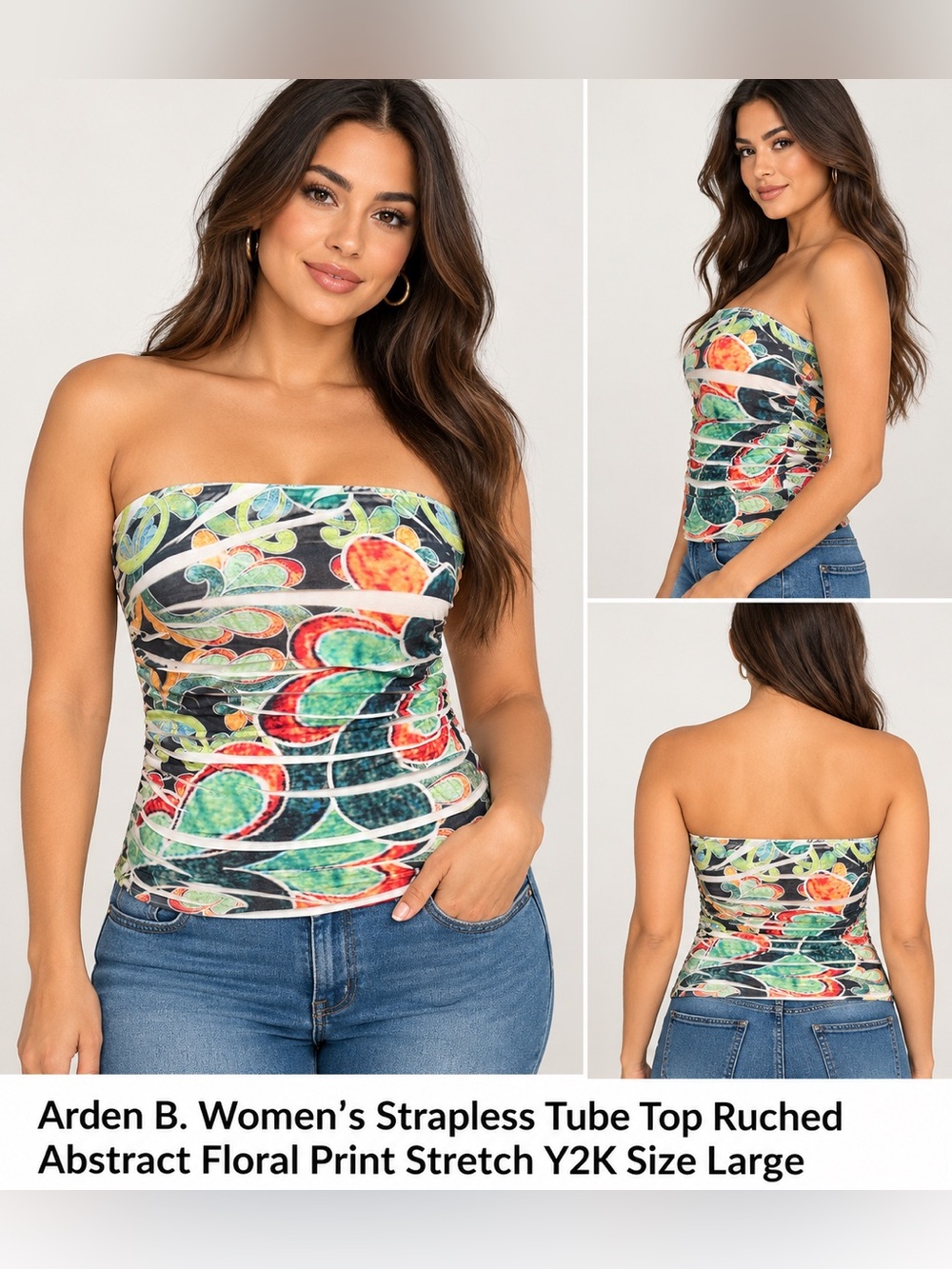 Arden B Strapless Ruched Tube Top - Green, Black, Orange Floral